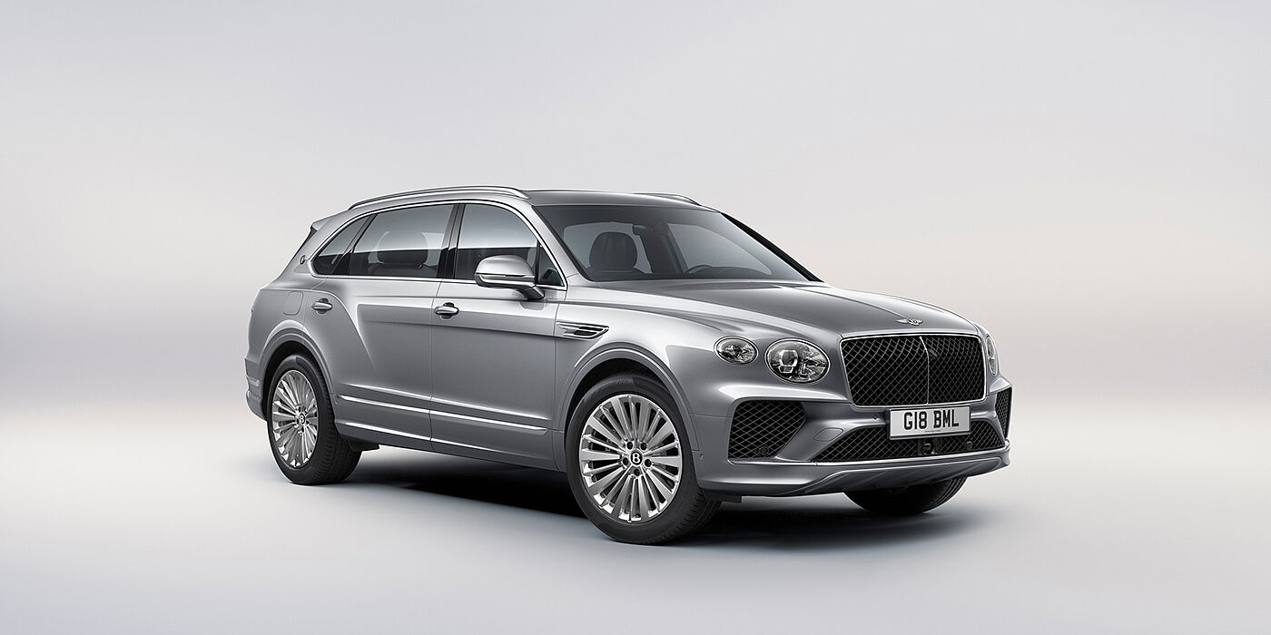 Bentley Douglas Bentley Bentayga Extended Wheelbase luxury SUV front three quarter view in Moonbeam paint with 21 inch five spoke painted wheels