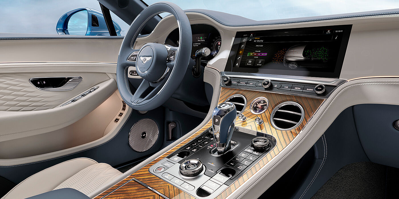 Bentley Douglas New Bentley Continental GTC Azure convertible interior front cabin view with Linen and Brunel hides and Piano Linen by Mulliner veneer featuring centre console and centre MMI screen