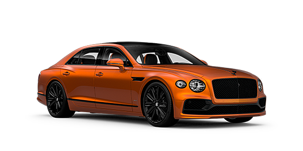 Bentley Douglas Bentley Flying Spur Speed front side angled view in Orange Flame coloured exterior. 